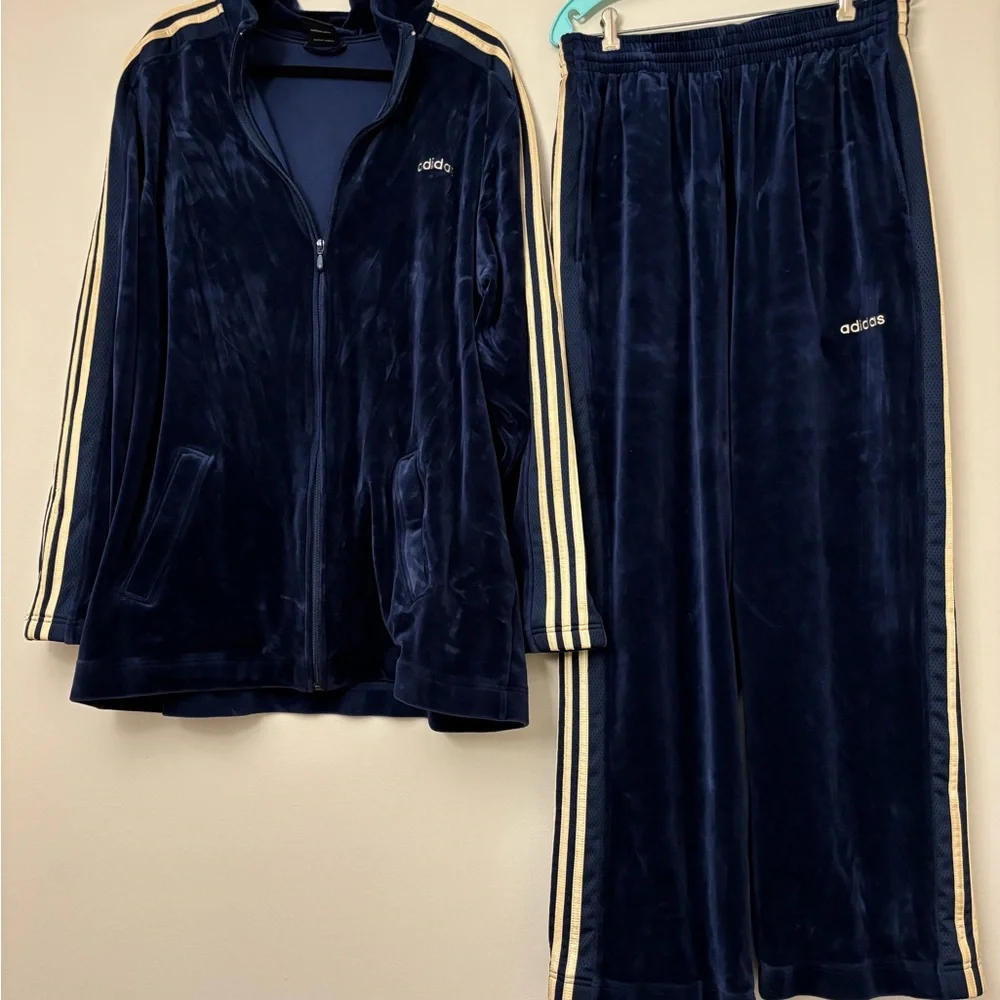 adidas Navy Velour Tracksuit with Cream Stripes